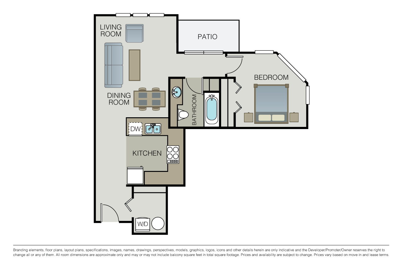 Floor plan for 1 bed, 1 bath, 741 sqft
