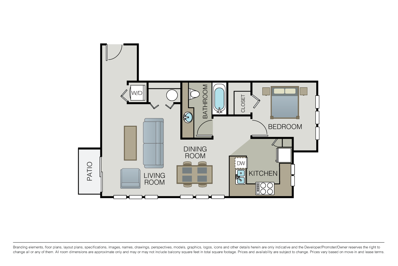 Floor plan for 1 bed, 1 bath, 829 sqft