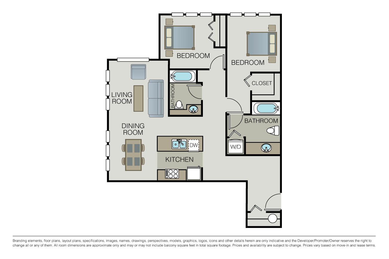 Floor plan for 2 beds, 2 baths, 1144 sqft