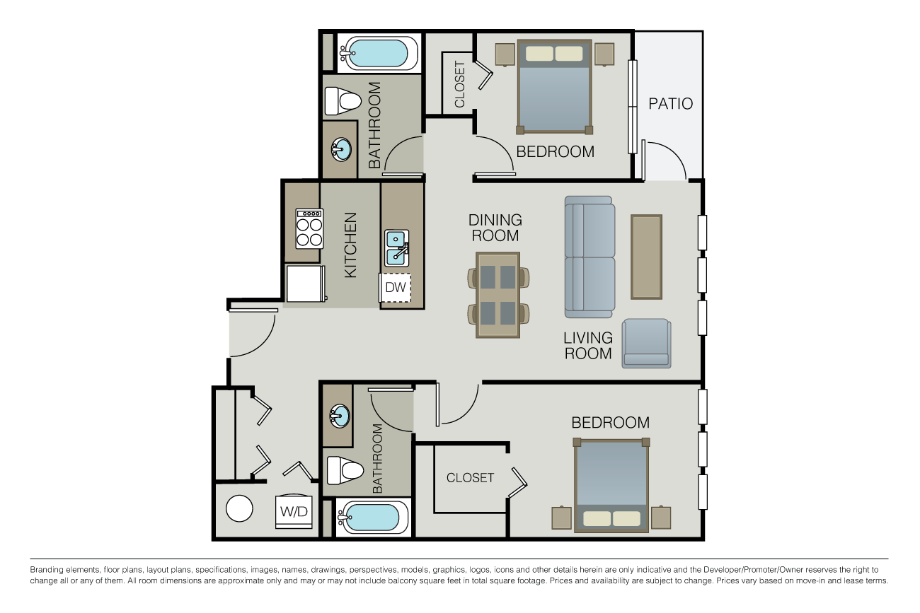 Floor plan for 2 beds, 2 baths, 943 sqft