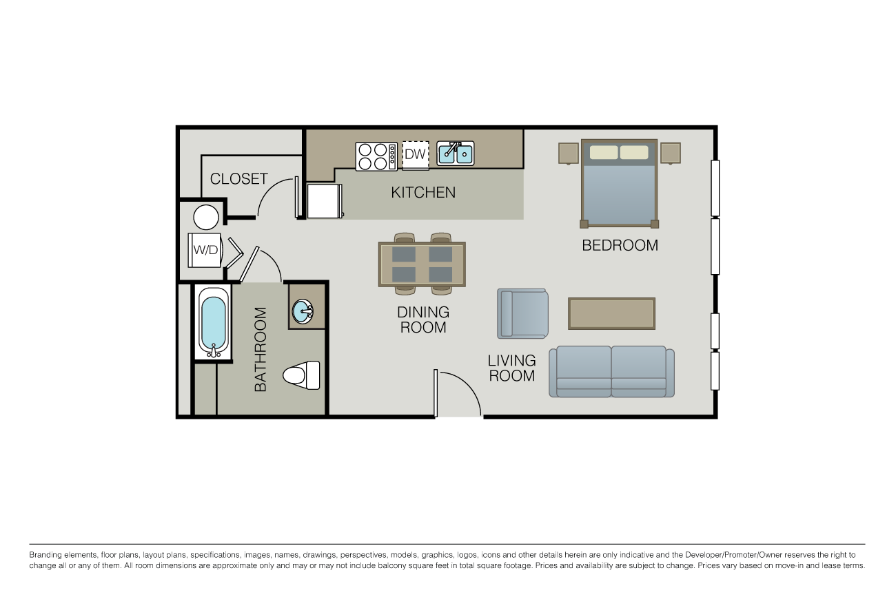 Floor plan for studio, 1 bath, 830 sqft