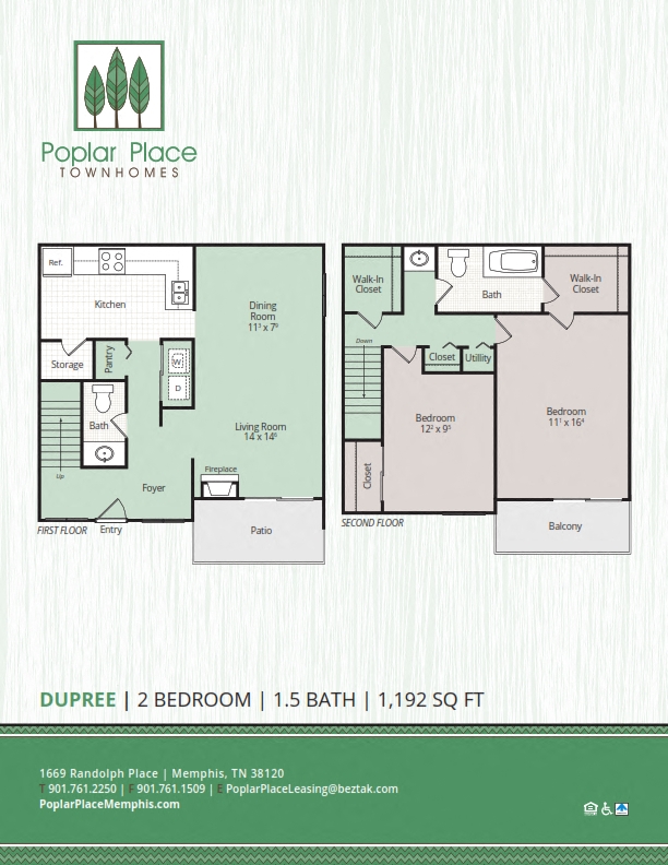 Floor plan for 2 beds, 1.5 baths, 1192 sqft