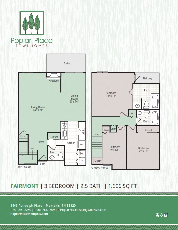 Floor plan for 3 beds, 2.5 baths, 1606 sqft