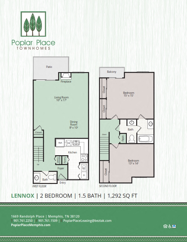 Floor plan for 2 beds, 1.5 baths, 1292 sqft