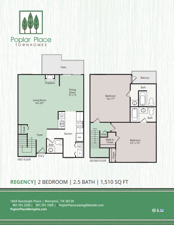 Floor plan for 2 beds, 2.5 baths, 1510 sqft