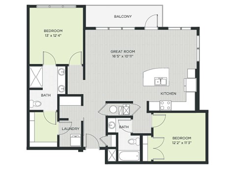 Floor plan for 2 beds, 2 baths, 1111 sqft