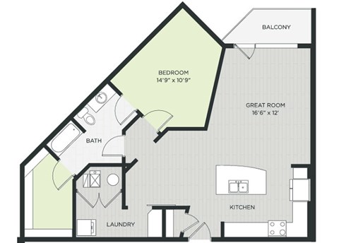 Floor plan for 1 bed, 1 bath, 934 sqft