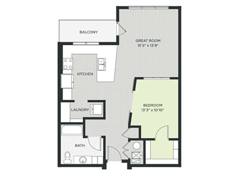 Floor plan for 1 bed, 1 bath, 768 sqft