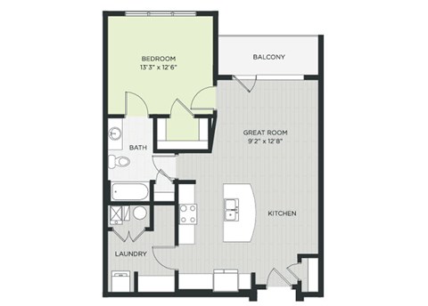 Floor plan for 1 bed, 1 bath, 768 sqft