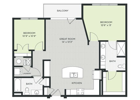 Floor plan for 2 beds, 2 baths, 1069 sqft
