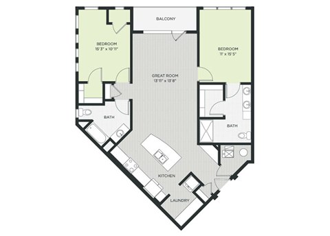 Floor plan for 2 beds, 2 baths, 1178 sqft
