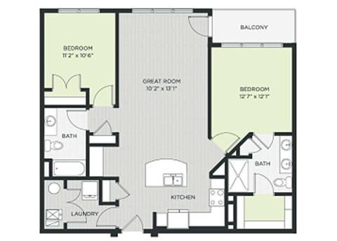 Floor plan for 2 beds, 2 baths, 1025 sqft
