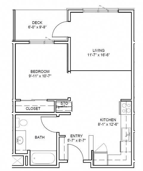 Floor plan for 1 bed, 1 bath, 688 sqft