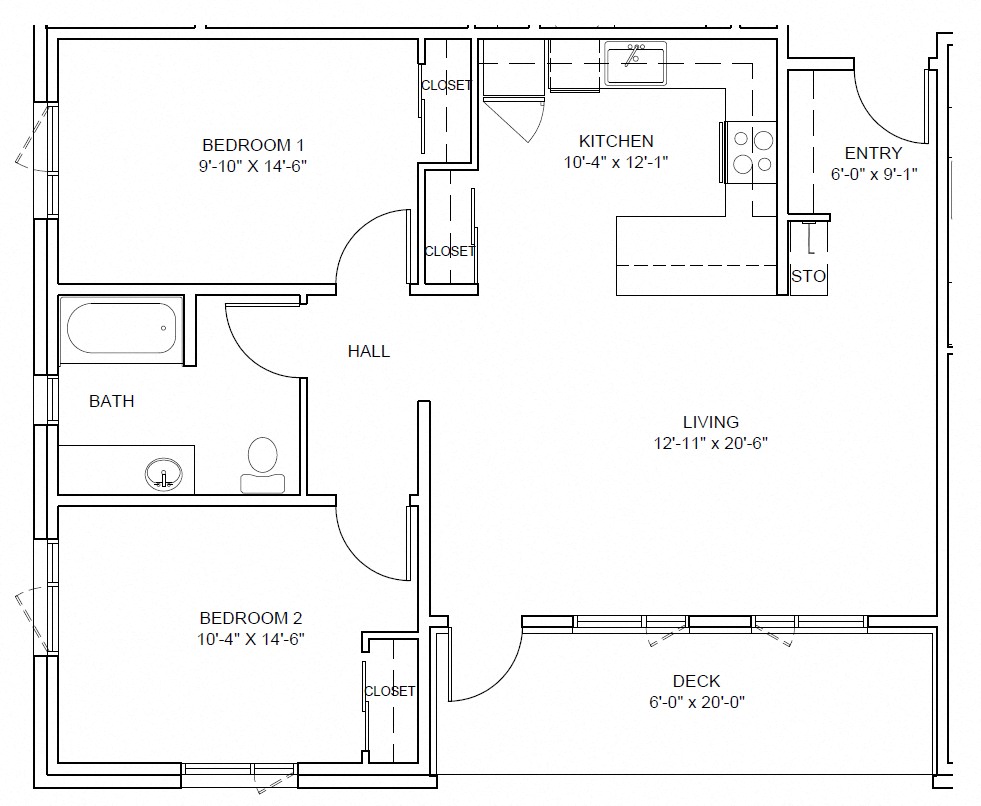 Floor plan for 2 beds, 1 bath, 954 sqft