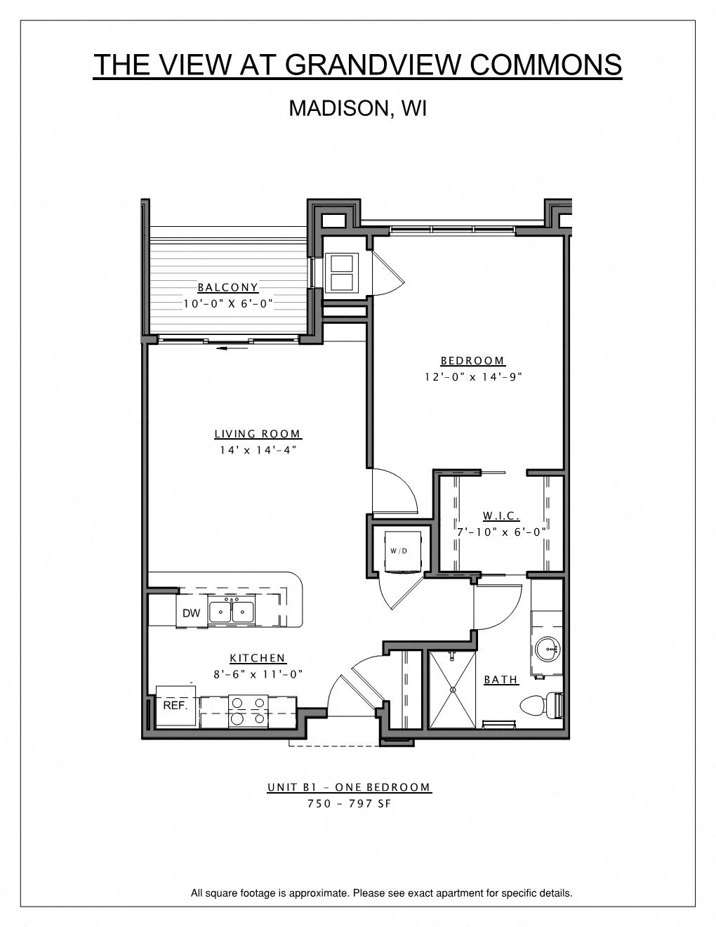 Floor plan for 1 bed, 1 bath, 797 sqft