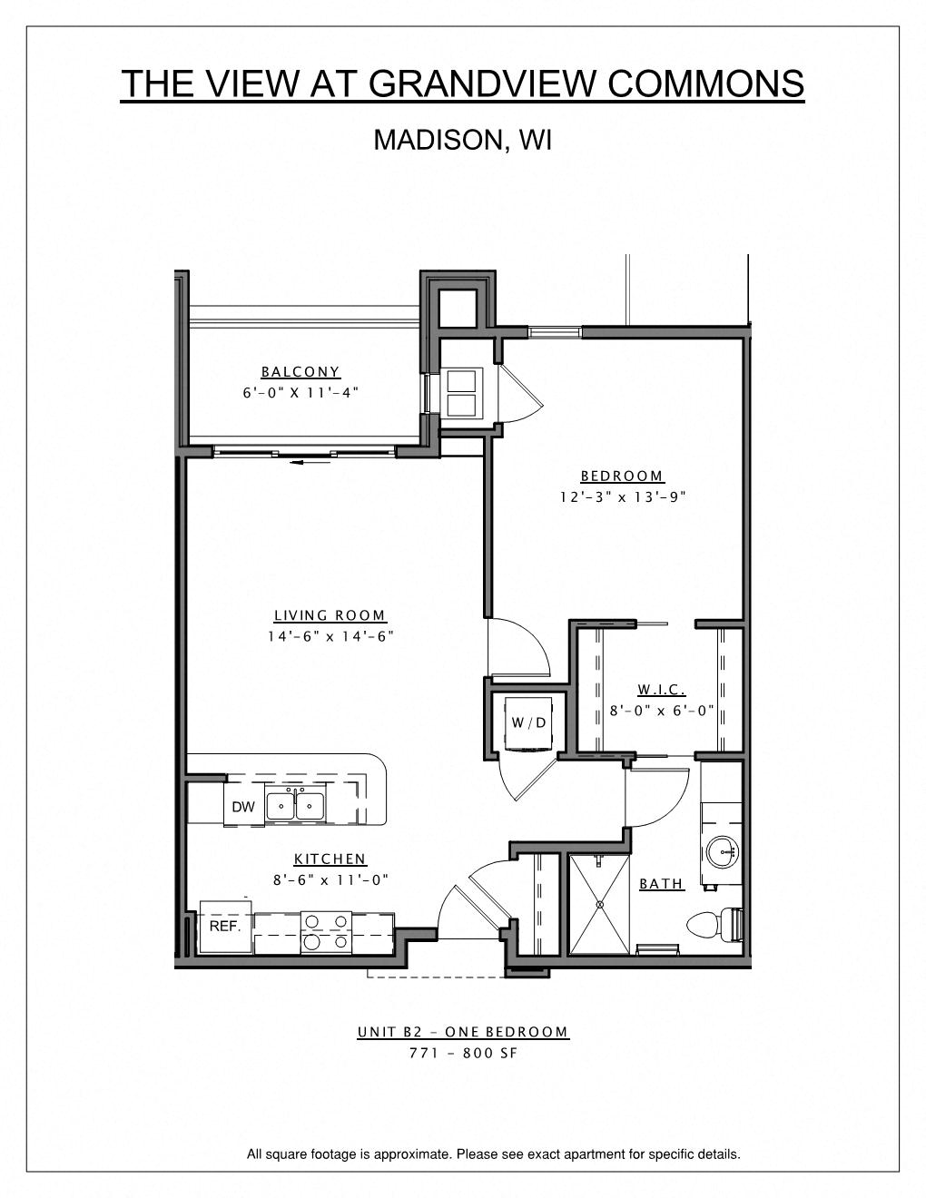 Floor plan for 1 bed, 1 bath, 771 sqft