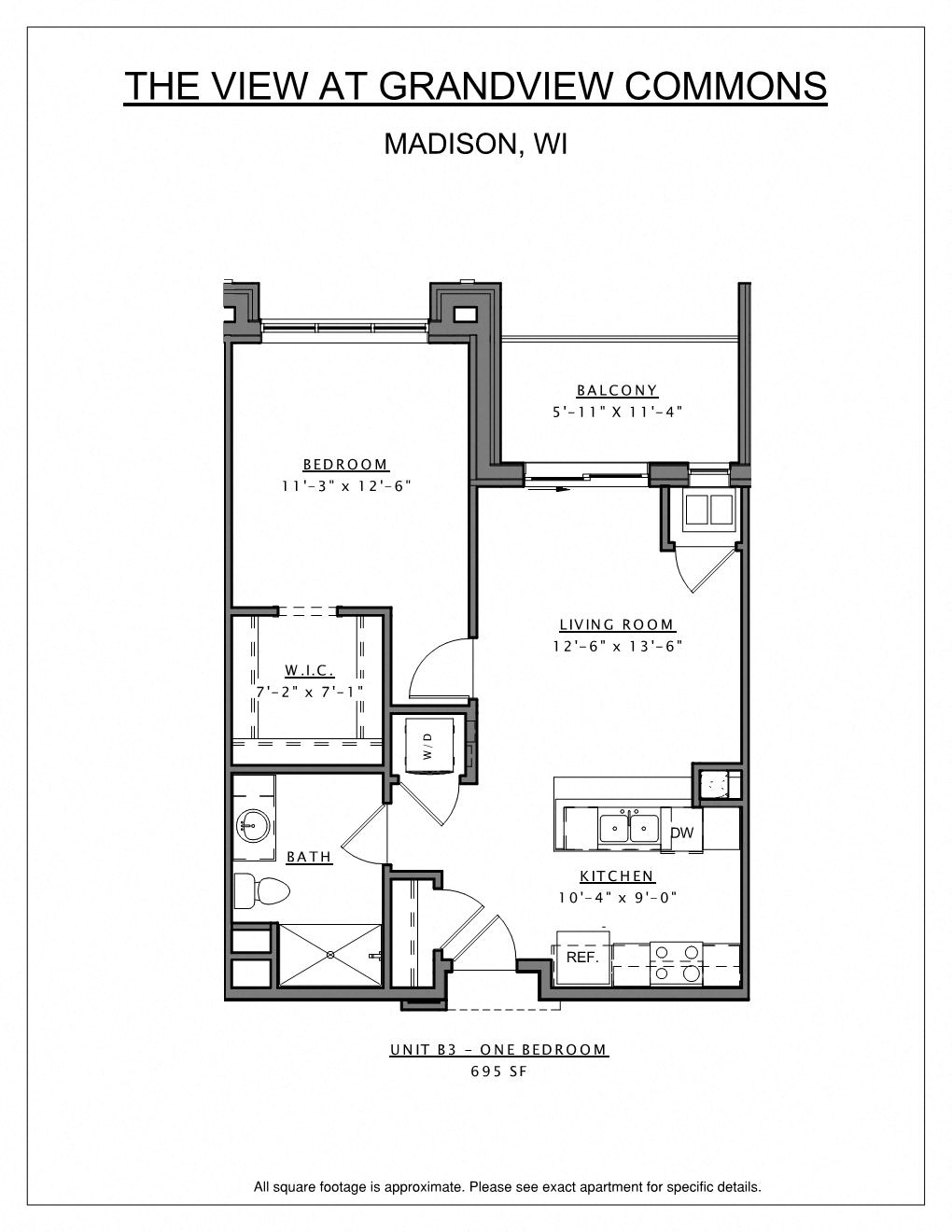 Floor plan for 1 bed, 1 bath, 695 sqft