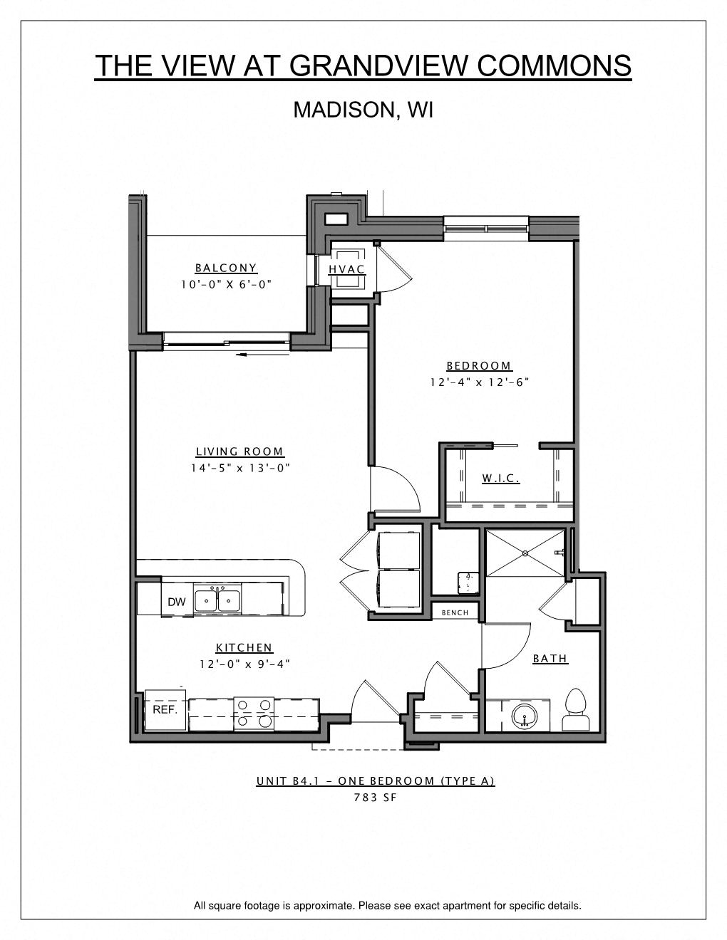 Floor plan for 1 bed, 1 bath, 783 sqft