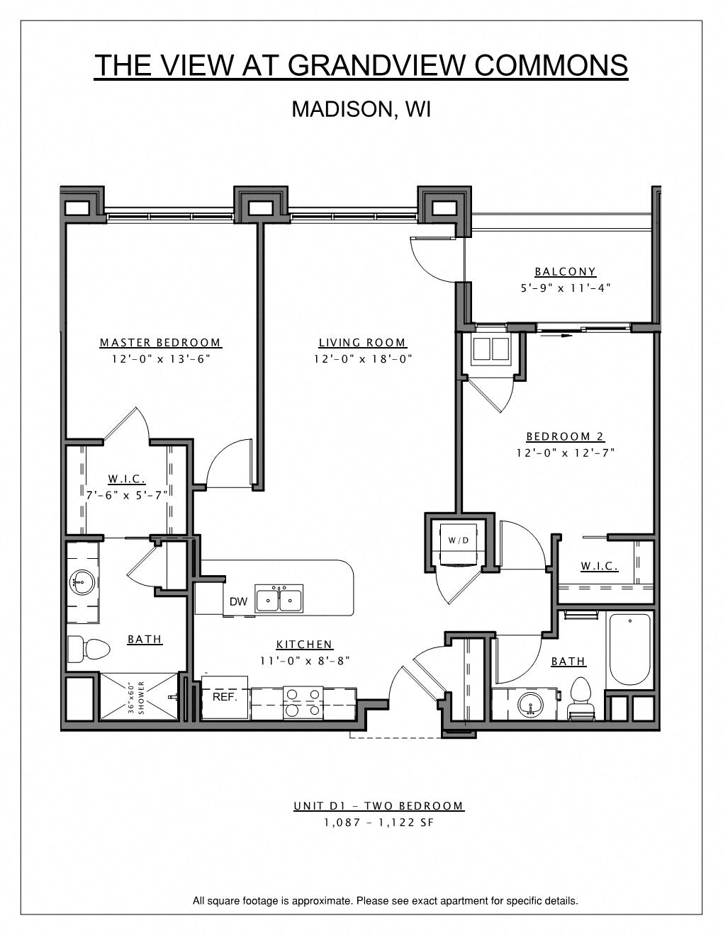 Floor plan for 2 beds, 2 baths, 1122 sqft