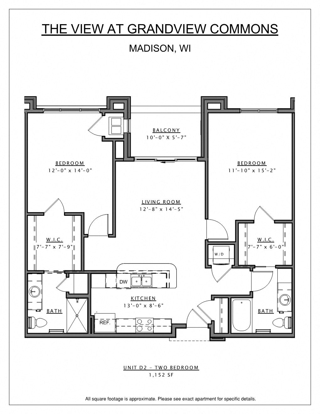Floor plan for 2 beds, 2 baths, 1152 sqft