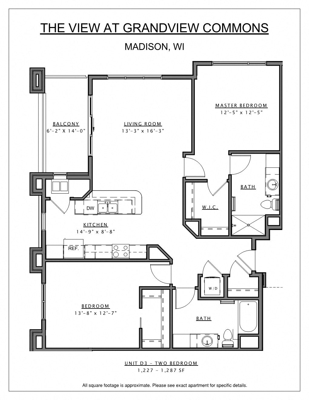 Floor plan for 2 beds, 2 baths, 1287 sqft
