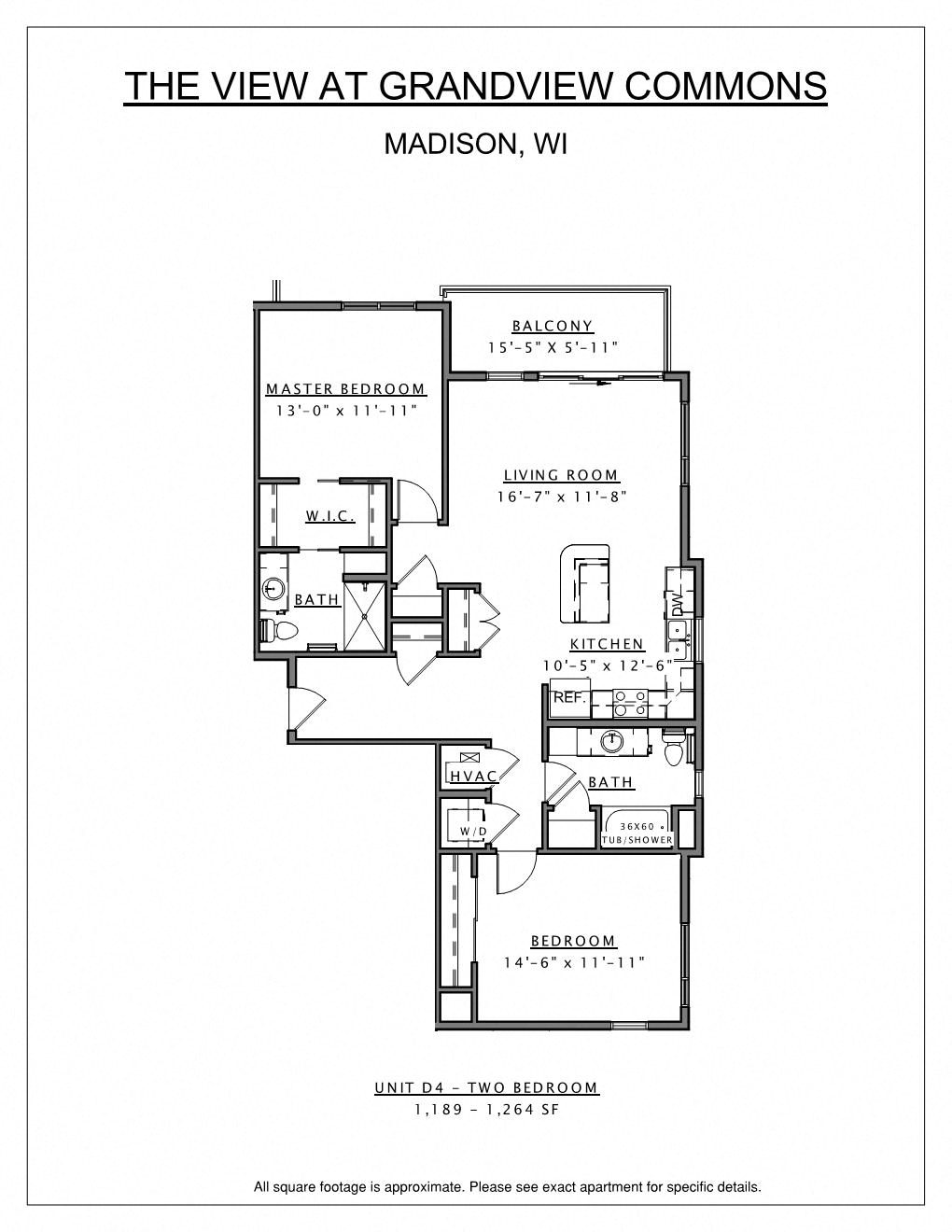 Floor plan for 2 beds, 2 baths, 1264 sqft
