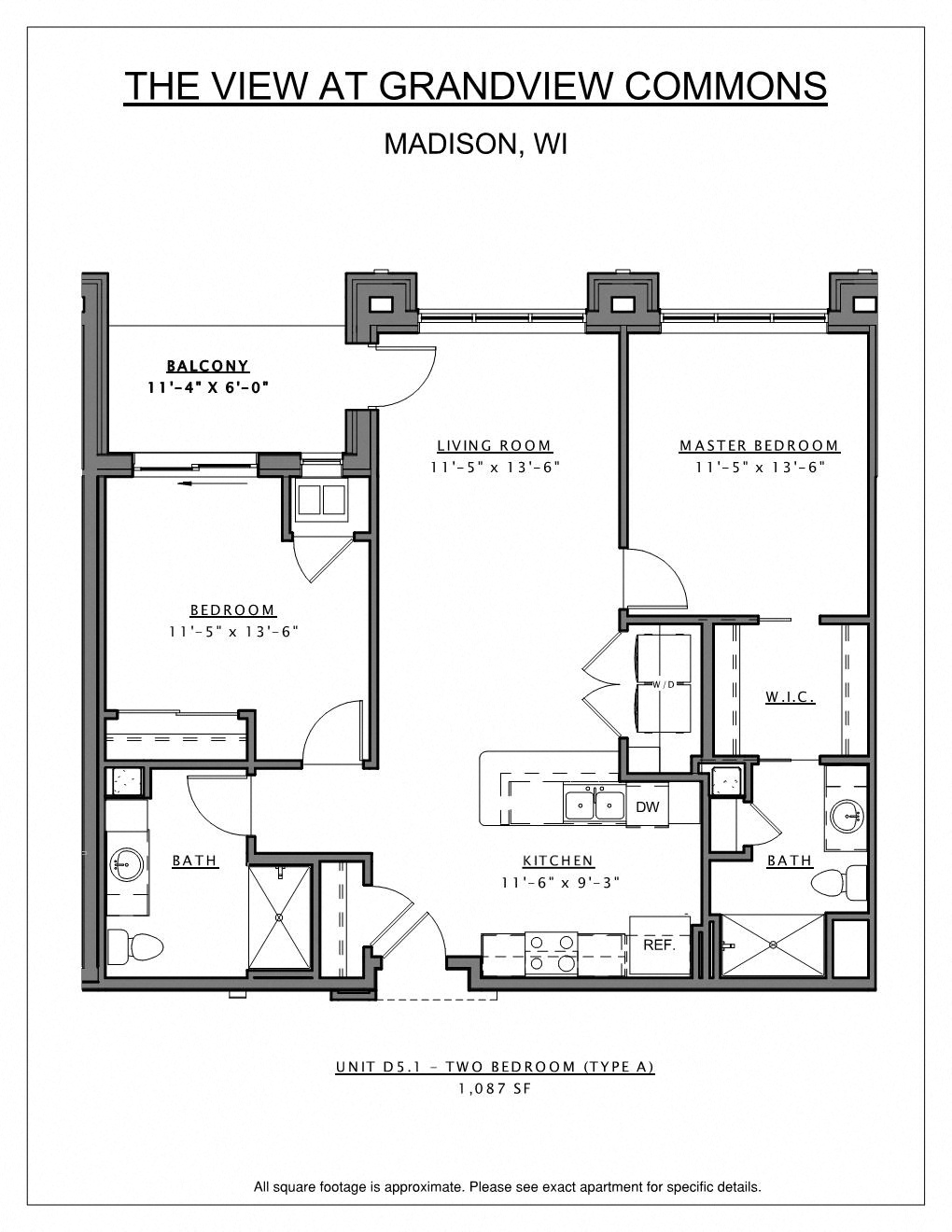 Floor plan for 2 beds, 2 baths, 1087 sqft