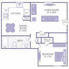 Floor plan for 1 bed, 1 bath, 662 sqft