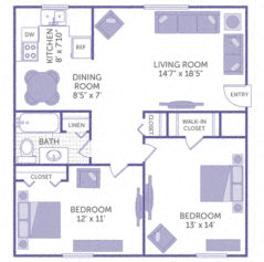 Floor plan for 2 beds, 1 bath, 880 sqft