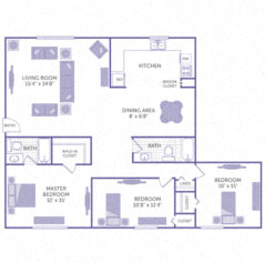 Floor plan for 3 beds, 2 baths, 1001 sqft