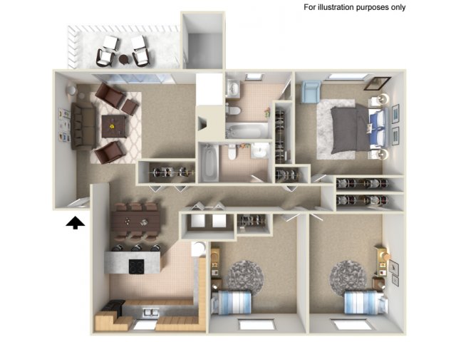 Floor plan for 3 beds, 2 baths, 1221 sqft