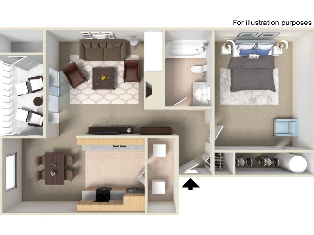 Floor plan for 1 bed, 1 bath, 652 sqft