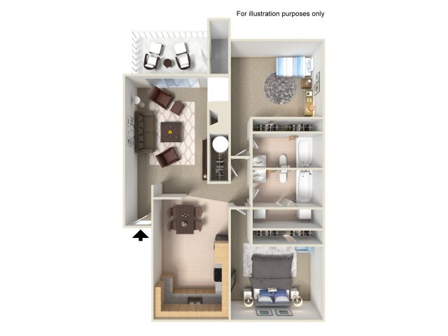 Floor plan for 2 beds, 2 baths, 970 sqft