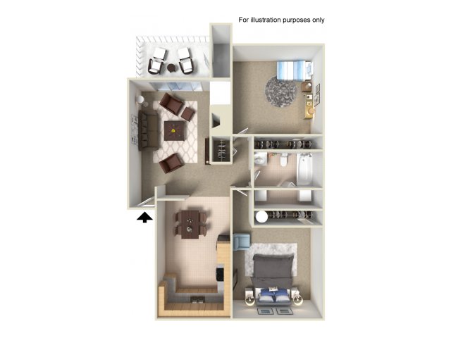 Floor plan for 2 beds, 1 bath, 862 sqft