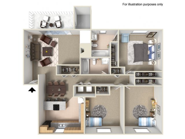 Floor plan for 3 beds, 2 baths, 1290 sqft