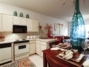 Fayetteville apartment for rent - a kitchen and dining room with a large vase on the table