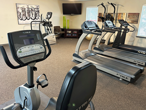 Fayetteville apartment for rent - a gym with various cardio machines and a tv