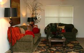 Fayetteville apartment for rent - A living room with a couch, a table, and a lamp.