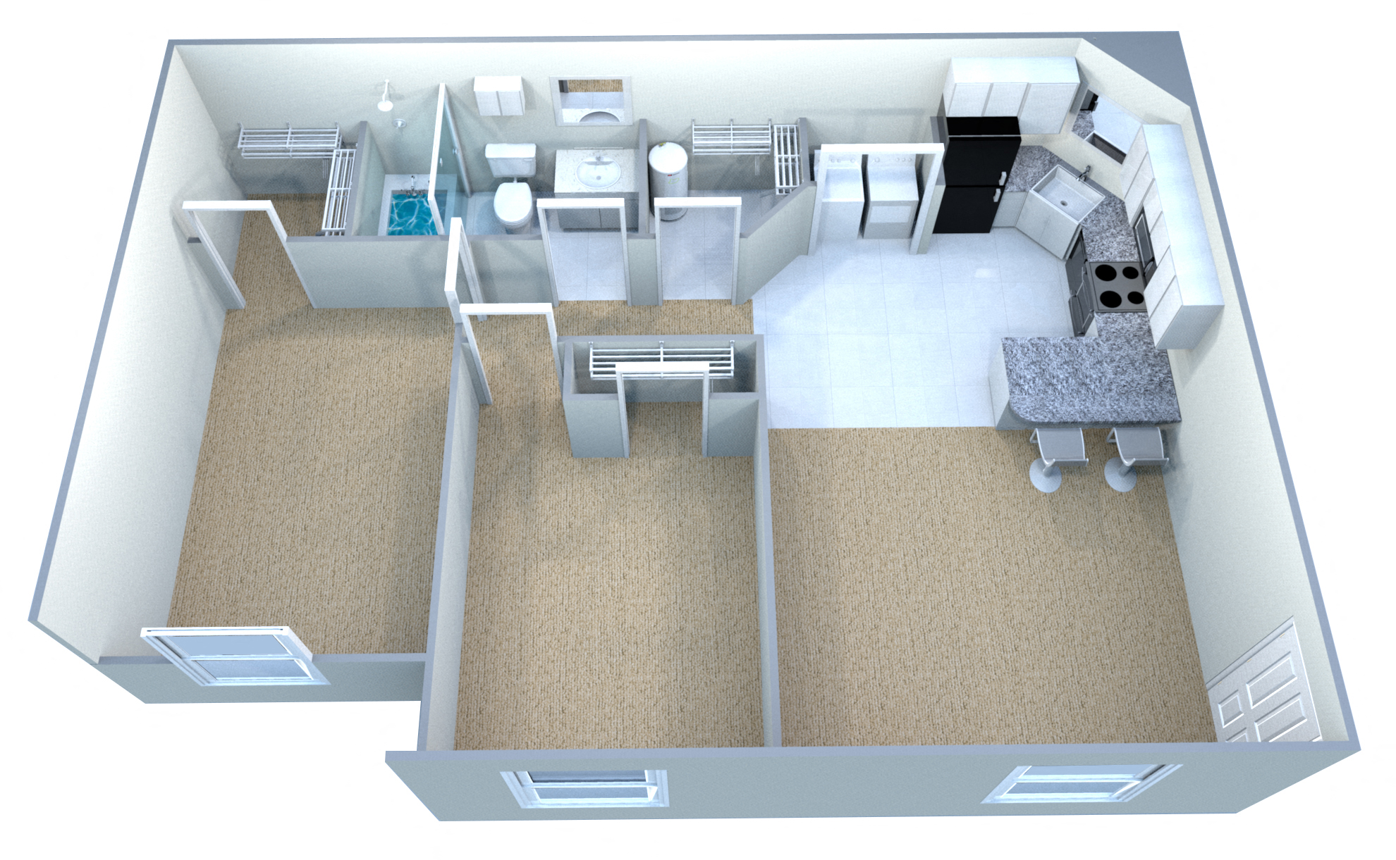 Floor plan for 2 beds, 1 bath, 889 sqft
