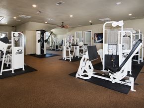Canton apartment for rent - a gym with cardio equipment and weights on the floor