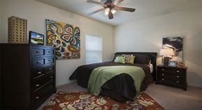 Conway apartment for rent - a bedroom with a bed and a ceiling fan