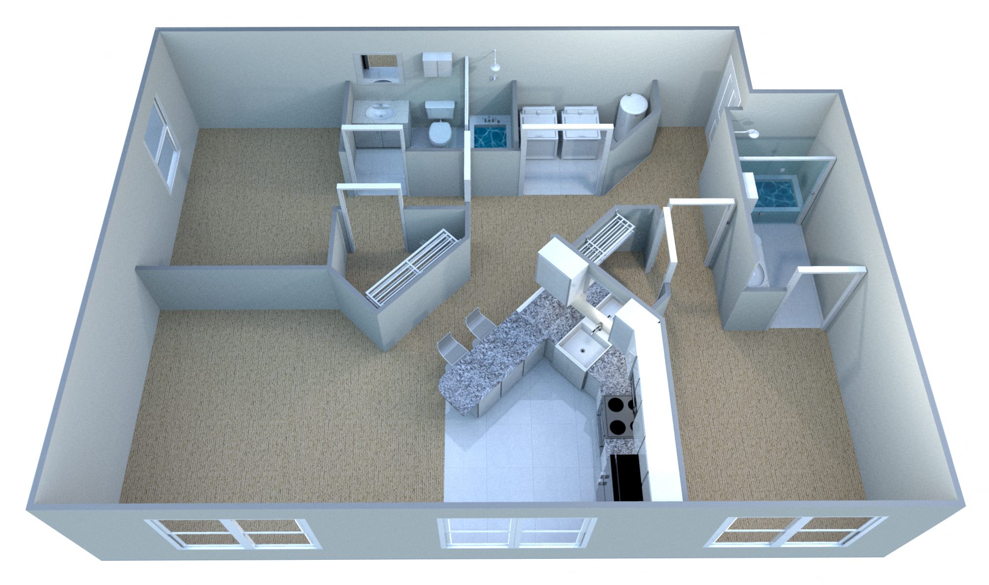 Floor plan for 2 beds, 2 baths, 889 sqft