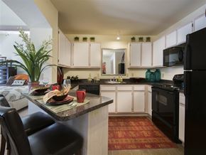 Fayetteville apartment for rent - a kitchen with black appliances and white cabinets