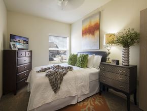 Oklahoma City apartment for rent - a bedroom with a large bed and a window