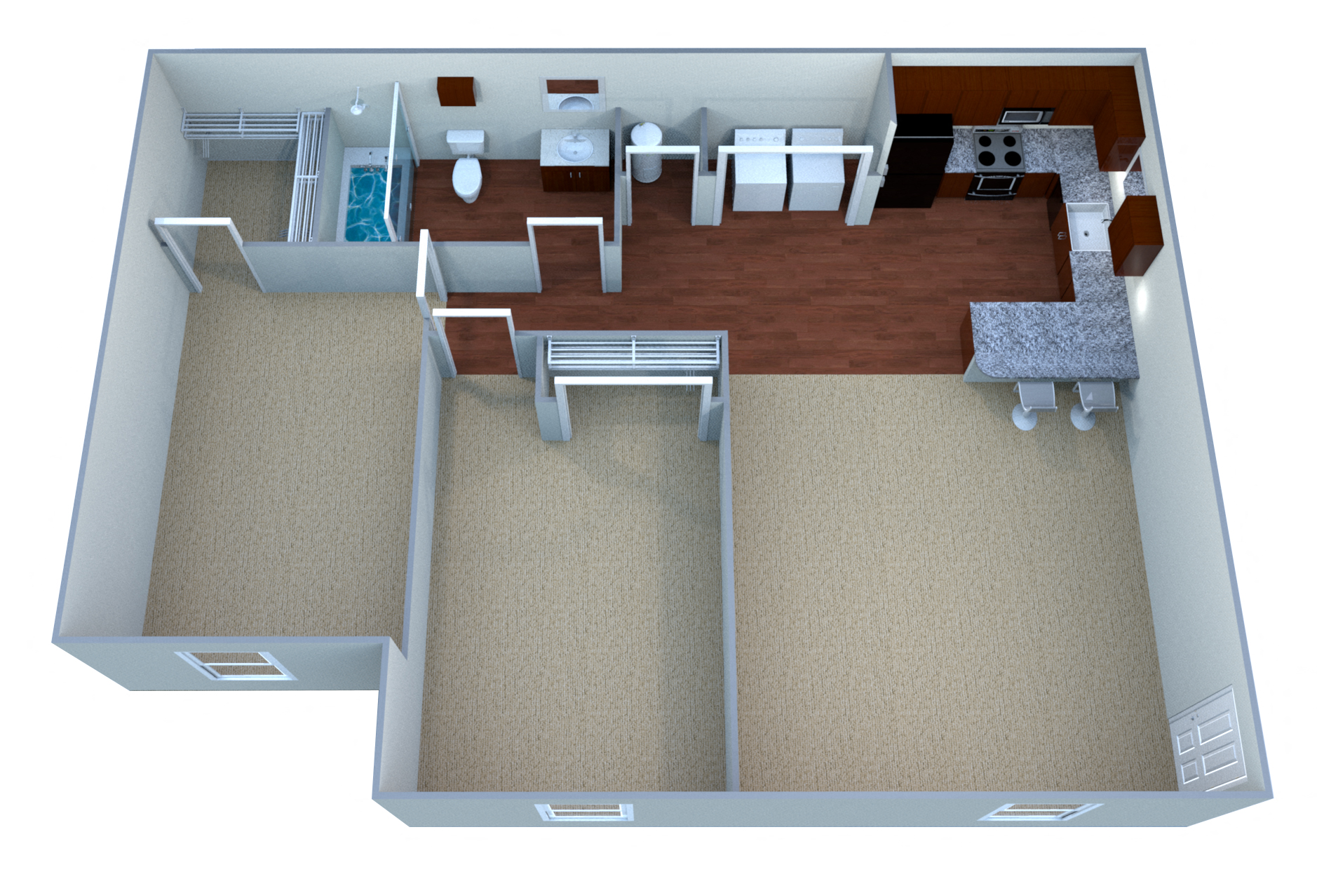Floor plan for 2 beds, 1 bath, 889 sqft