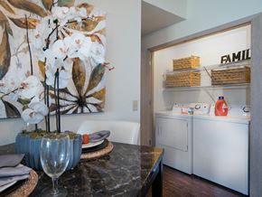 Oxford apartment for rent - a kitchen with a washer and dryer and a table with a vase
