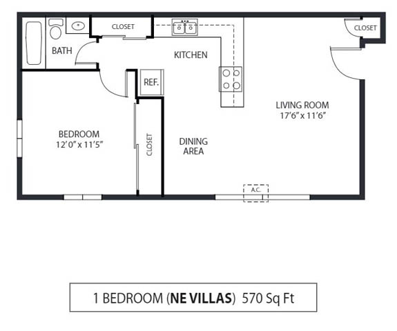 Floor plan for 1 bed, 1 bath, 600 sqft