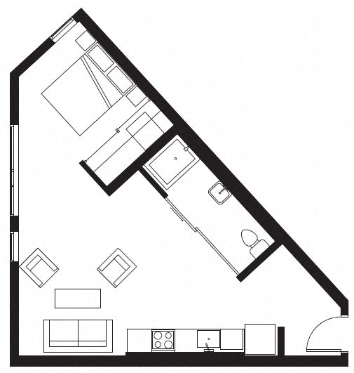 Floor plan for 1 bed, 1 bath, 591 sqft