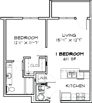 Floor plan for 1 bed, 1 bath, 772 sqft