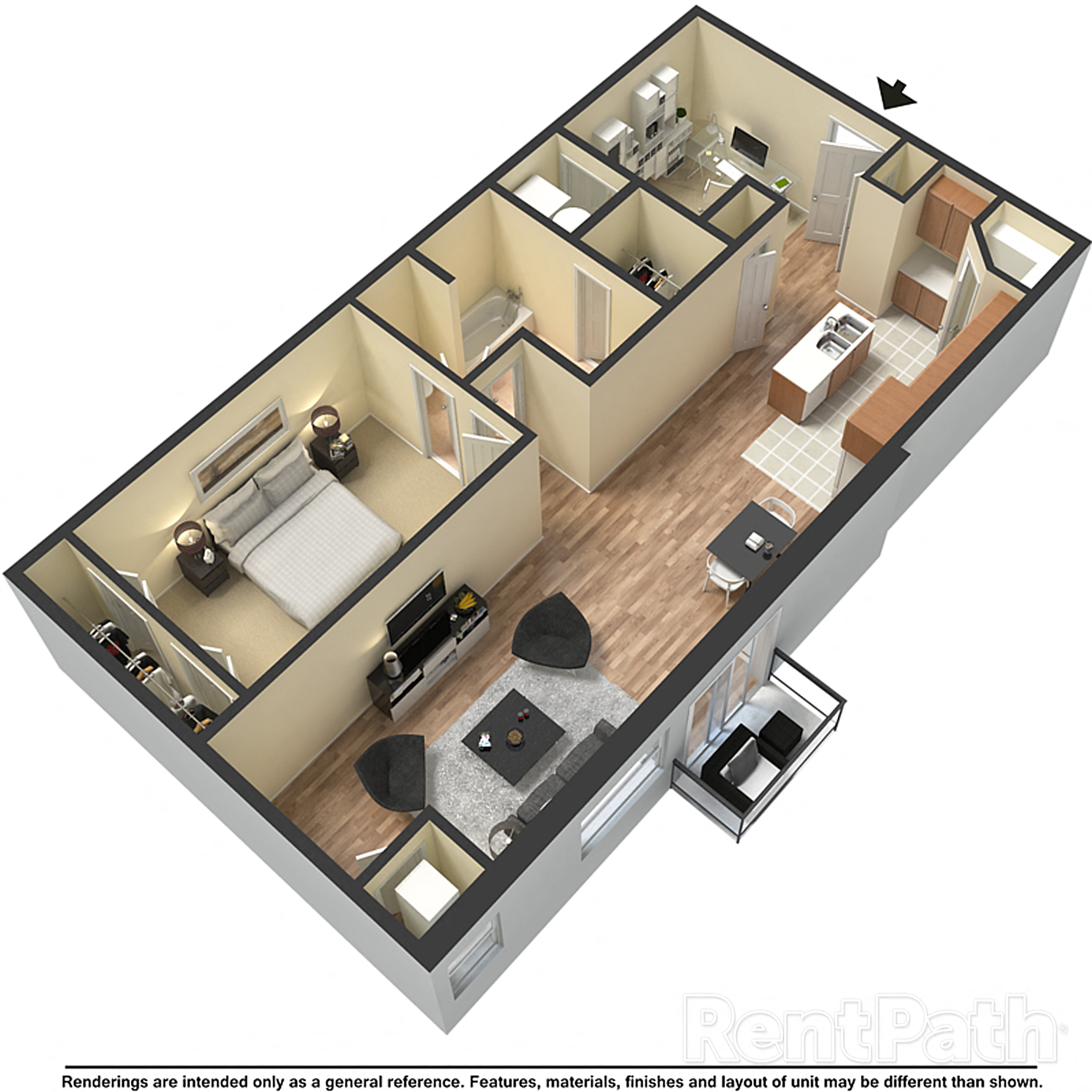 Floor plan for 1 bed, 1 bath, 885 sqft